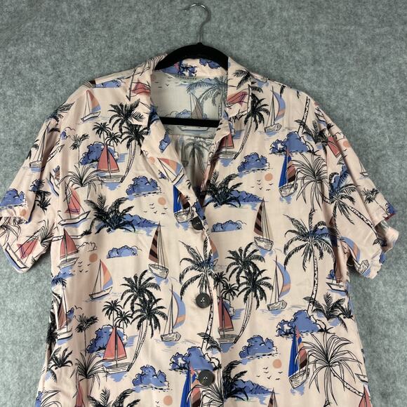 Modcloth Pepaloves Shirtdress Womens Medium Pink Rayon Tropical Beach Aloha - Picture 2 of 13